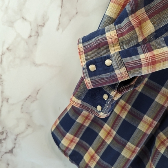 Vintage Levis Shirt Mens Small Blue Orange Plaid Pearl Snap 80s Workwear Cowboy - Picture 11 of 15